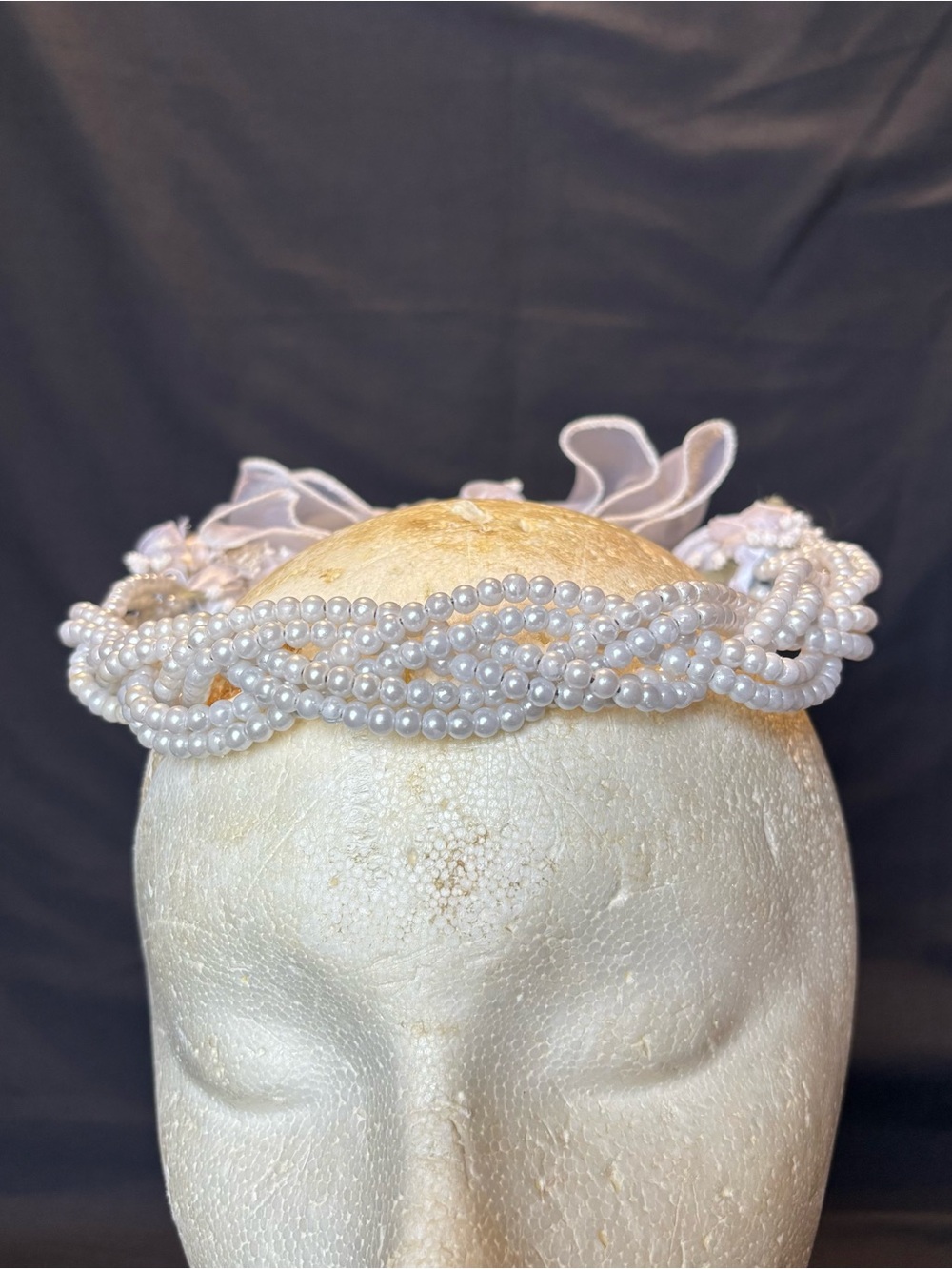 First Comunion, Wedding White Faux Pearls Braided Headband Crown w/Sheer Ribbon - Picture 7 of 7
